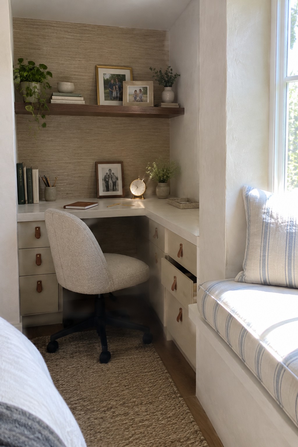 A compact home office corner with an L-shaped built-in desk featuring multiple drawers, an upper floating shelf, a rolling chair on a jute rug, and a window seat with striped cushions.