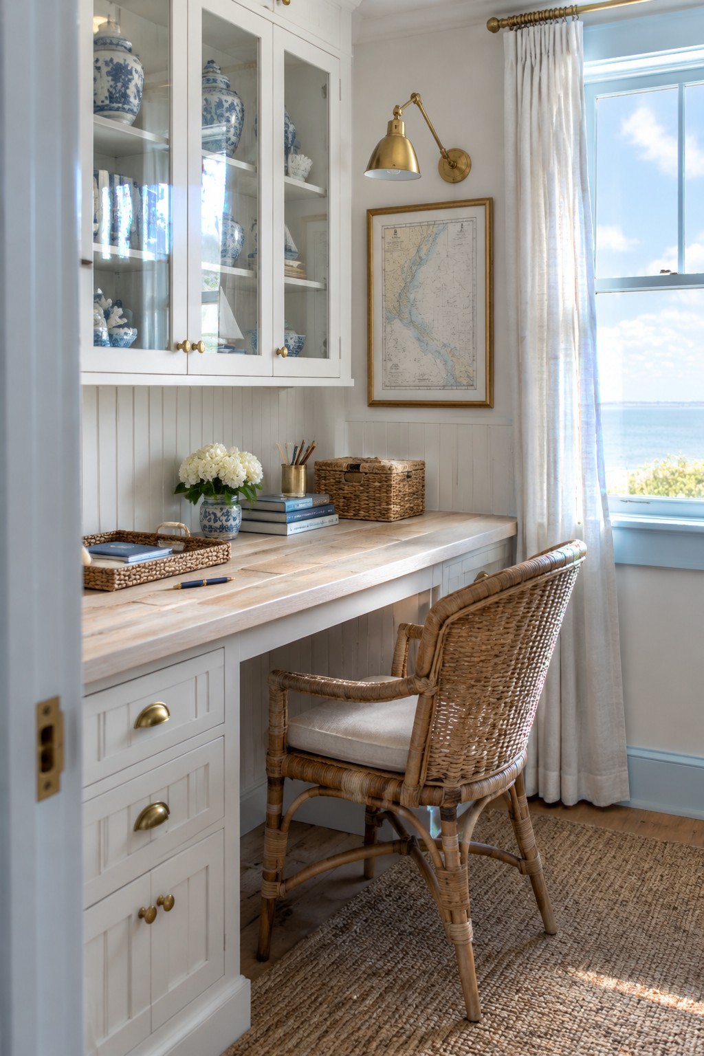 Coastal workspace with wooden desk, wicker chair, white cabinets, and ocean view.