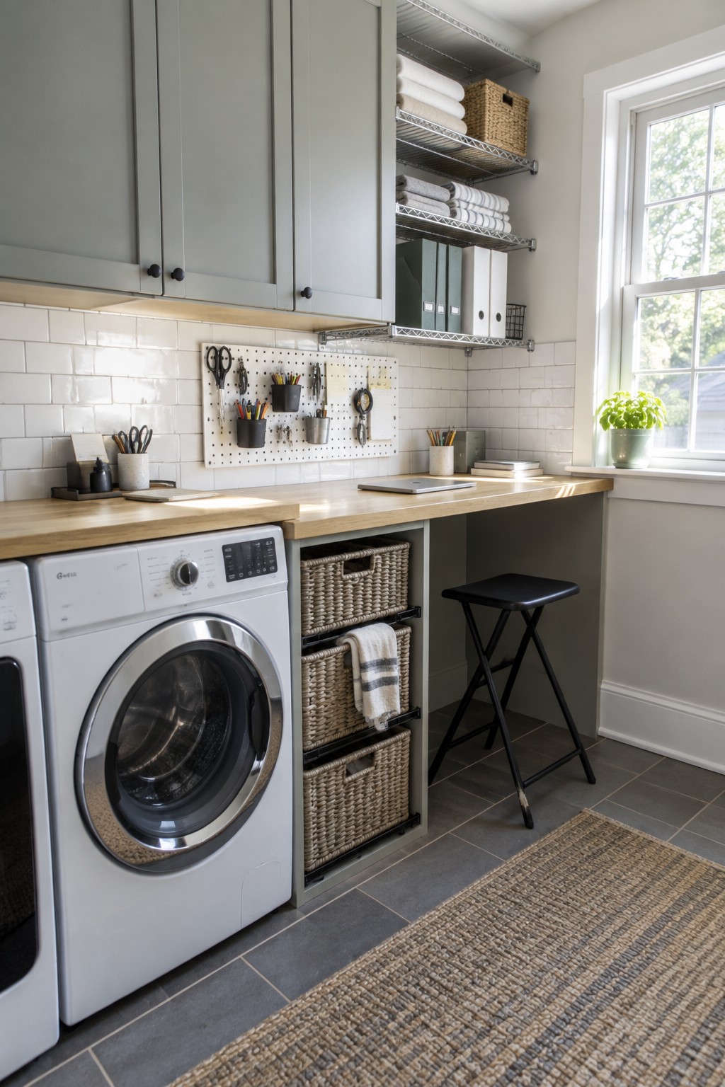 A compact workspace with a wooden countertop, white washing machine, pegboard wall with tools, wire shelves holding towels and binders, and woven baskets stored under the counter.