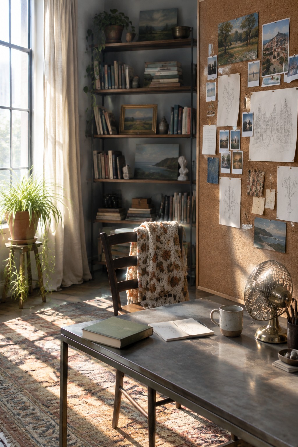 A home office interior with a metal desk holding books and a notebook, a wooden chair with a crocheted blanket, tall bookshelves, a large corkboard covered in pinned sketches and photos, and a window with a potted plant.