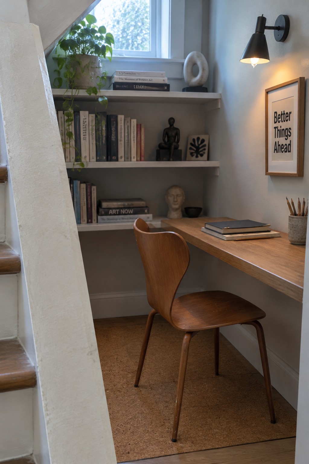 A wooden desk and curved-back chair sit under white built-in shelves filled with books, a small sculpture, and a potted plant, next to a window.