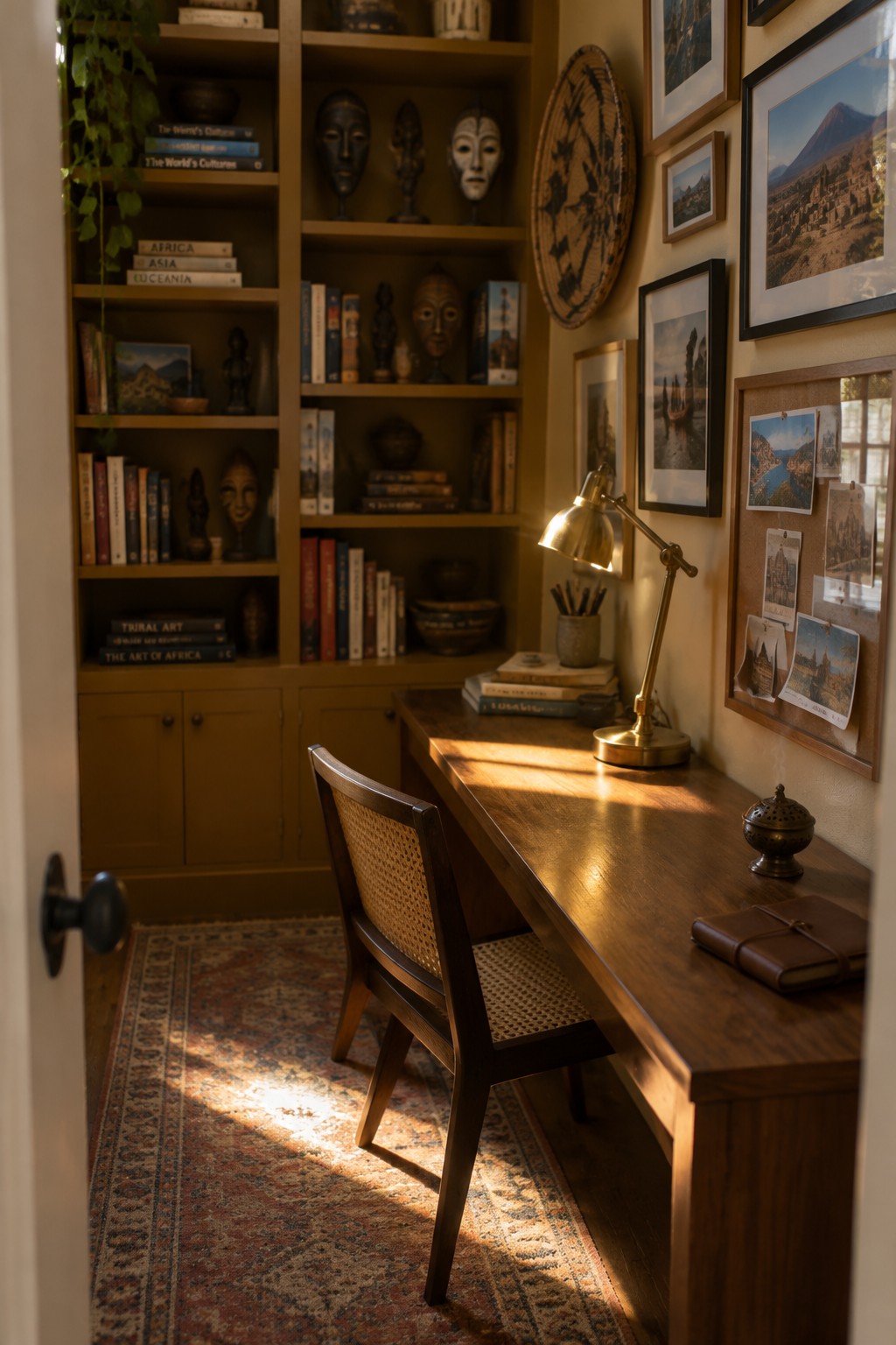 Sunlit wooden desk with brass lamp, woven chair, bookshelves, and wall art