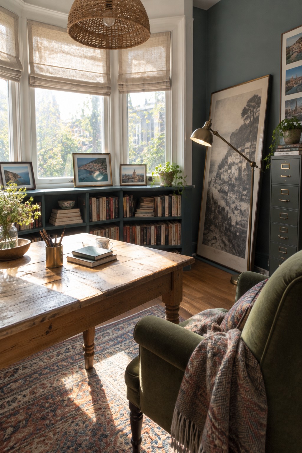 A home office interior with a rustic wooden desk, green upholstered chair, built-in blue bookshelves beneath three windows, and framed artworks displayed on the shelves and leaning against the wall.