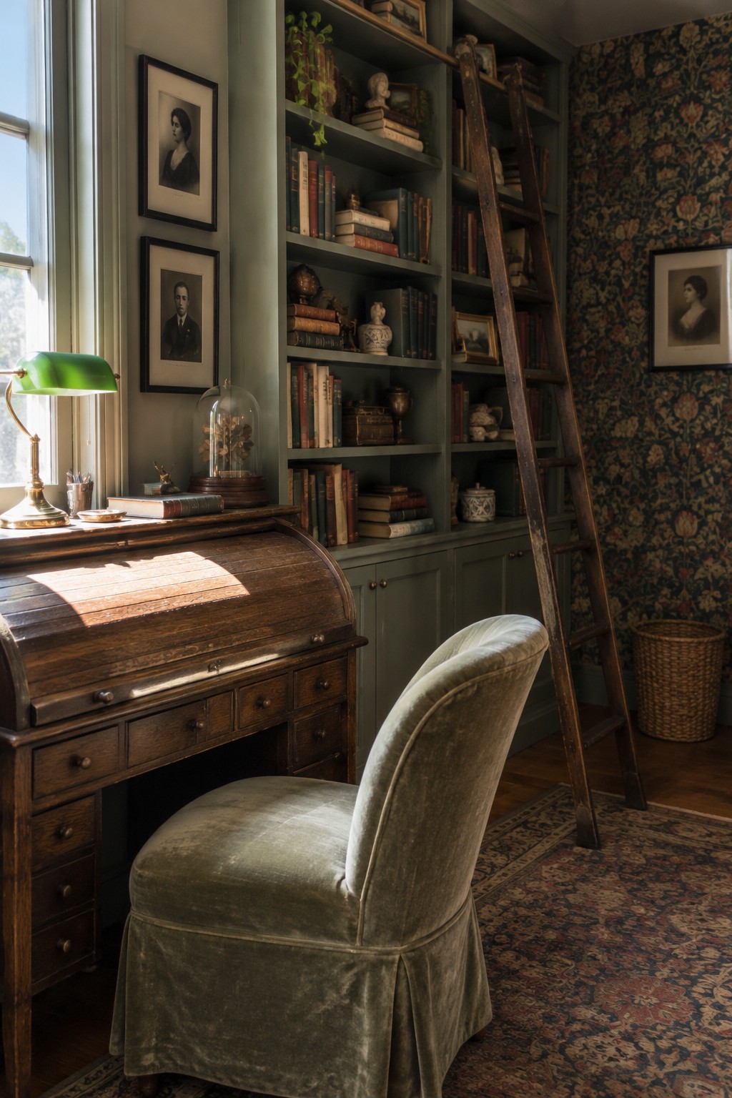 A cozy home office with a wooden roll-top desk, green velvet chair, built-in sage green bookshelves filled with books and small objects, a rolling wooden ladder, framed portraits on the wall, and a green desk lamp near the window.