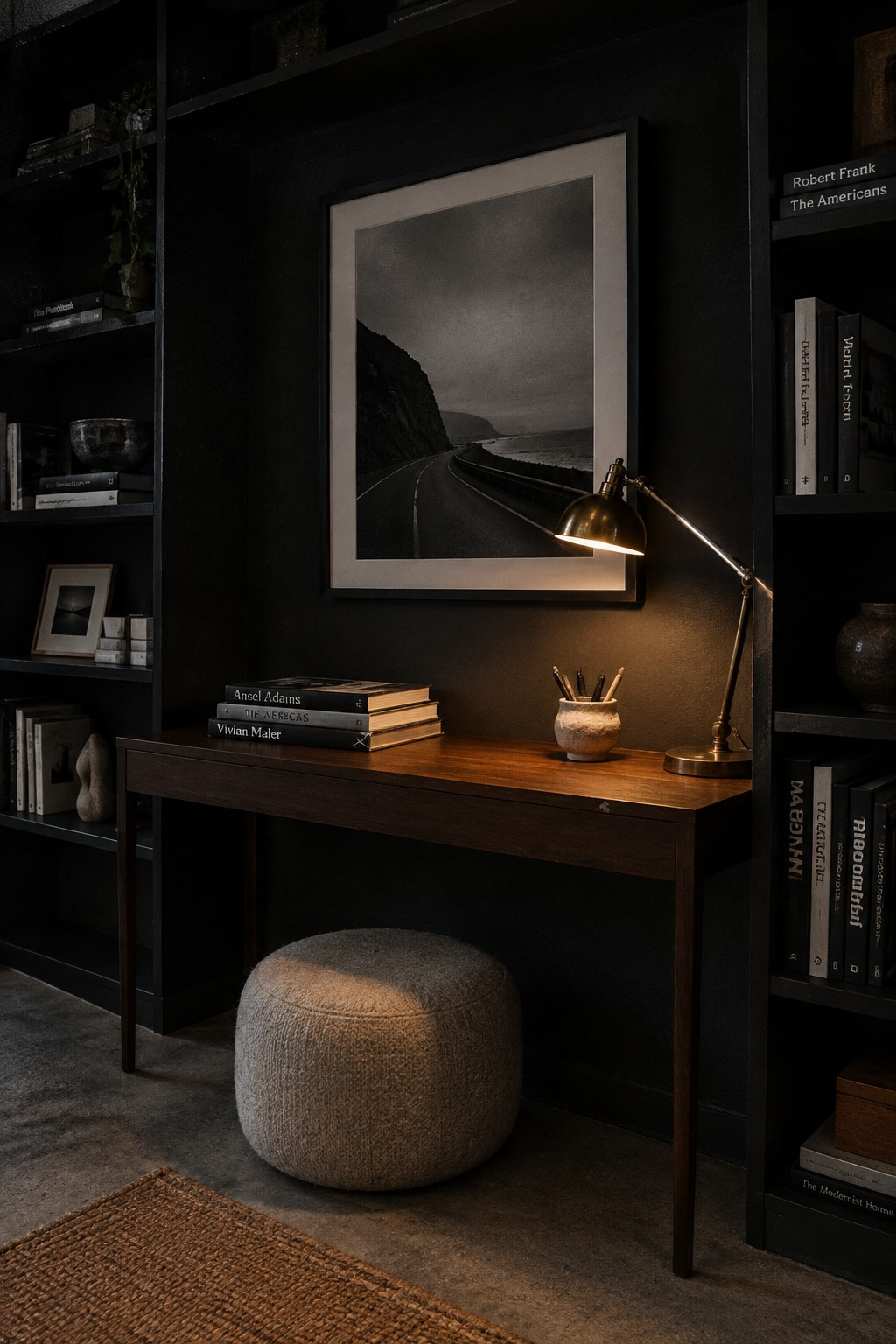 A home office with dark walls shows a wooden desk holding stacked books and a brass desk lamp, a large framed black and white landscape photo centered above it, and built-in bookshelves filled with books on both sides.