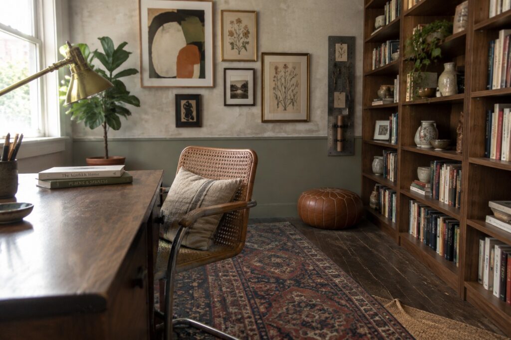 A home office featuring floor-to-ceiling wooden built-in bookshelves filled with books and decorative objects, a wooden desk with a brass lamp, a woven chair on a patterned rug, and framed artwork on the adjacent wall.