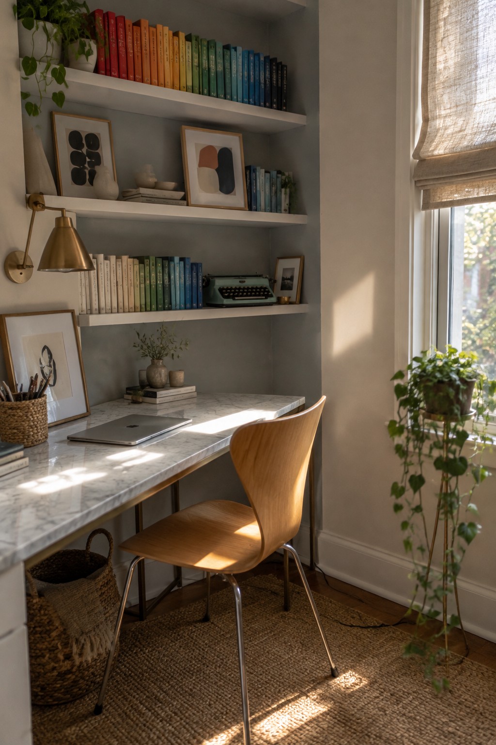 A home office corner with a white marble desk, wooden chair on a woven rug, and white floating shelves holding colorful books, framed artwork, and small decorative objects beside a window.