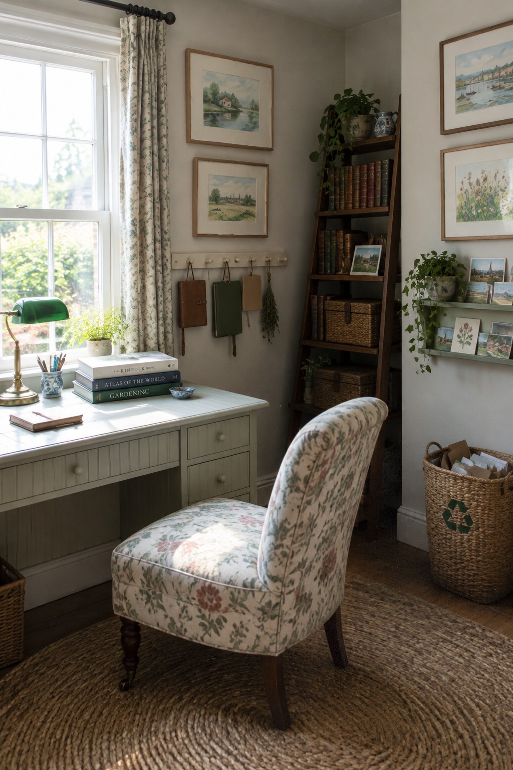 A home office with a white desk by a window, floral upholstered chair on a round jute rug, leaning wooden bookshelf with books and baskets, two framed landscape paintings above a peg rail holding small hanging items.