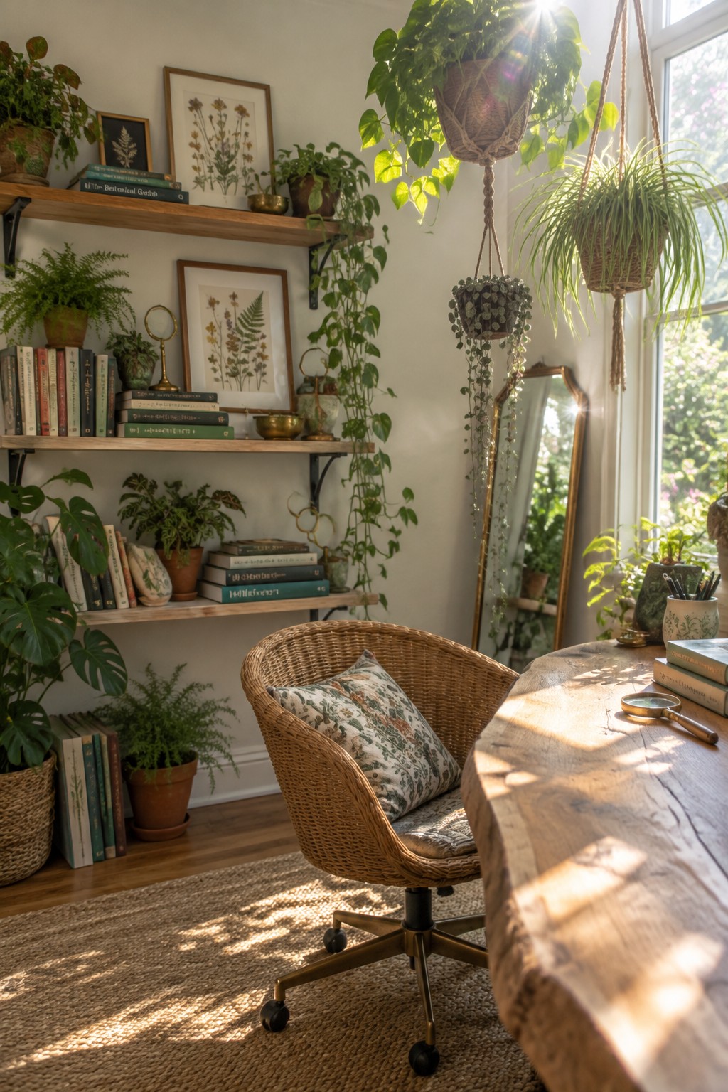 A bright home office with wooden floating shelves holding books and framed botanical prints, a wicker swivel chair at a live-edge wooden desk, and many potted and hanging plants arranged throughout the room.