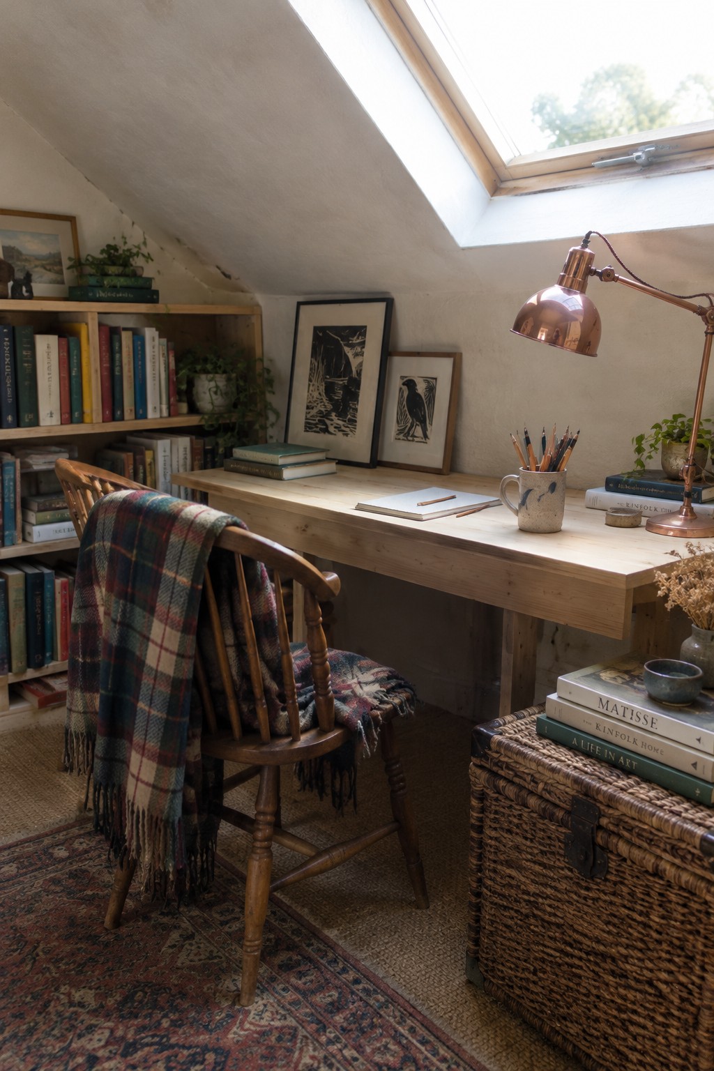 A wooden desk sits under a skylight in an attic office, with bookshelves along the left wall, framed prints above the desk, and a copper lamp on the right.