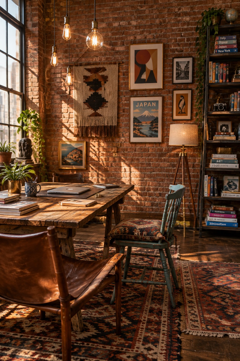 A home office with a large wooden desk, a tall black bookshelf filled with books, and multiple framed artworks and a tapestry hanging on a red brick wall.