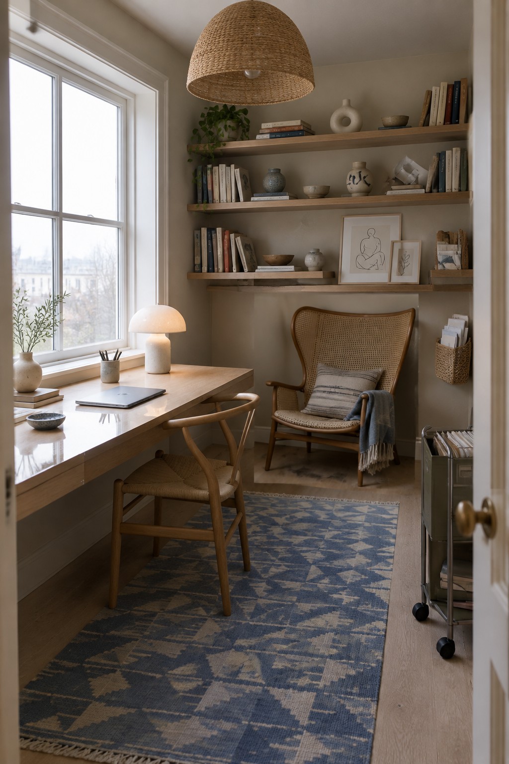 A home office with wooden floating shelves holding books, vases, and framed artwork above a desk and woven chair.