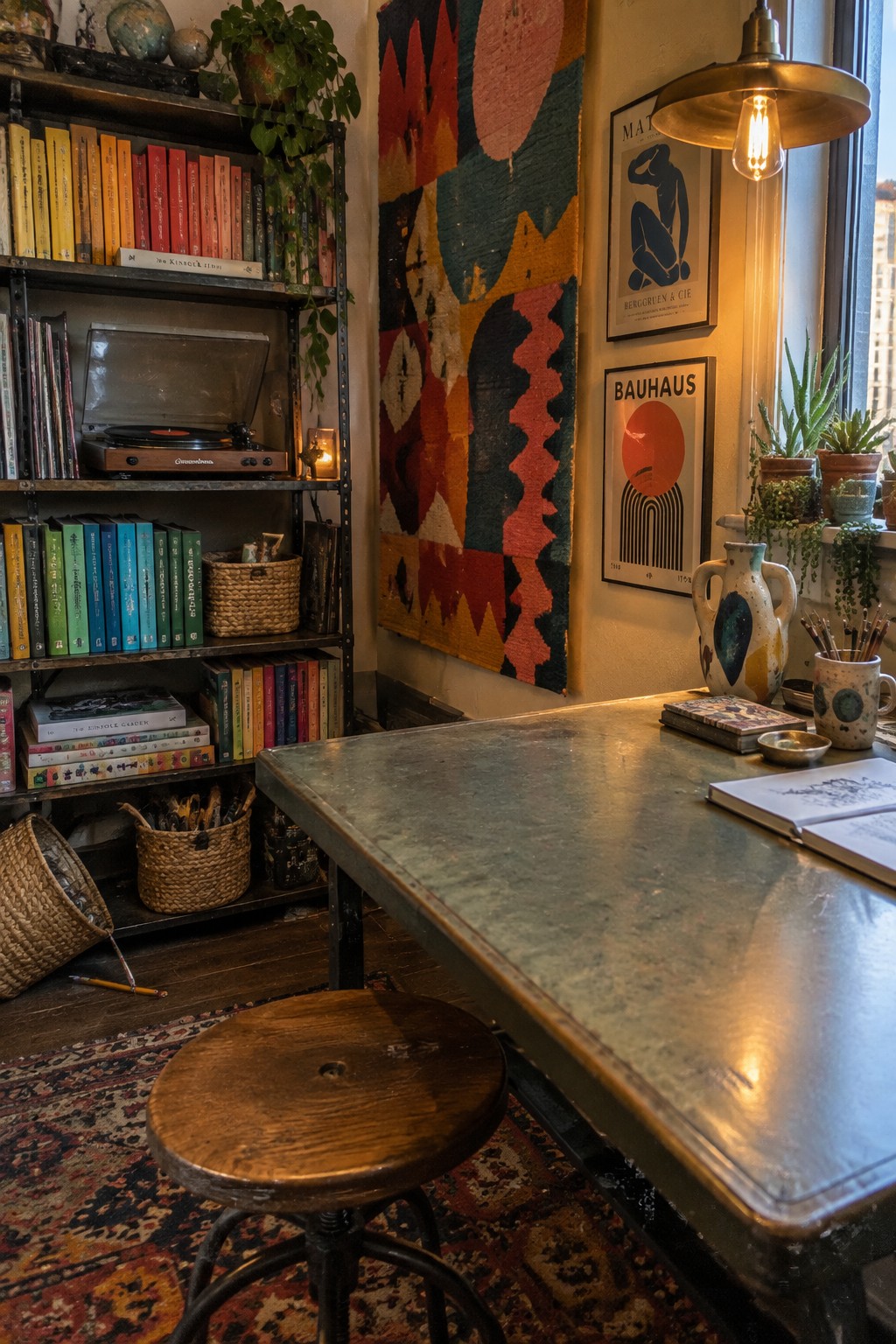 An interior view of a home office showing metal bookshelves filled with books and a record player, a large colorful geometric woven wall hanging, a metal desk with a wooden stool, framed posters, and potted plants near a window.