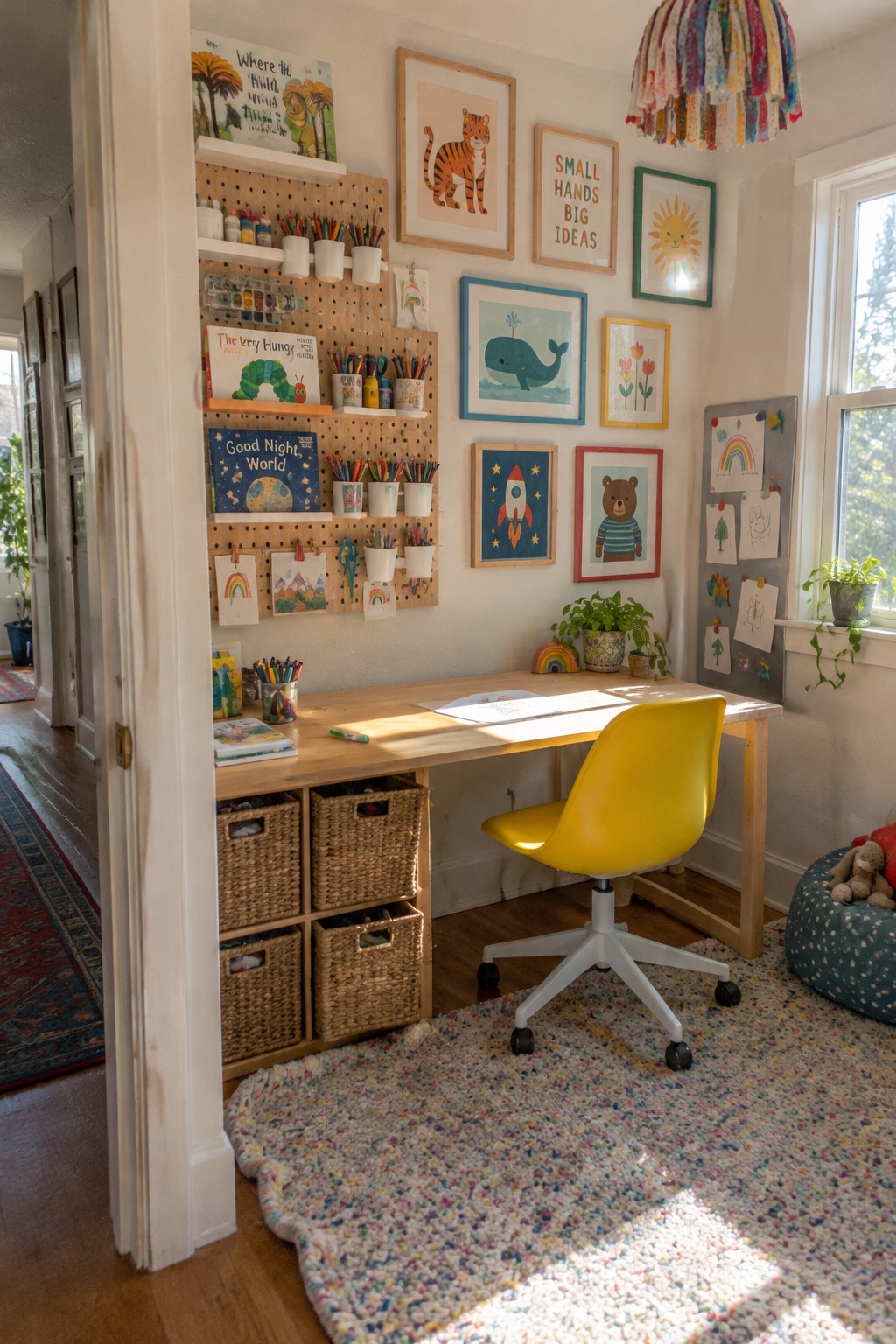 A light wood desk with a bright yellow swivel chair faces a large pegboard wall holding books, marker cups, and children's artwork above woven storage baskets on a colorful rug.