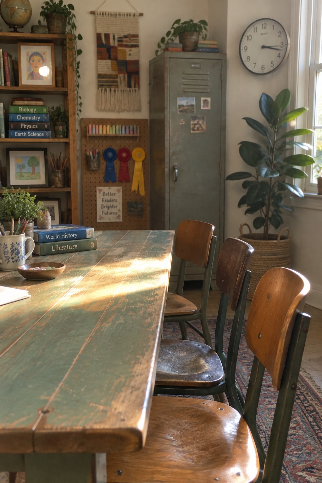 A long green wooden table with several vintage school chairs sits in a home office filled with bookshelves, a metal locker, plants, and wall art.