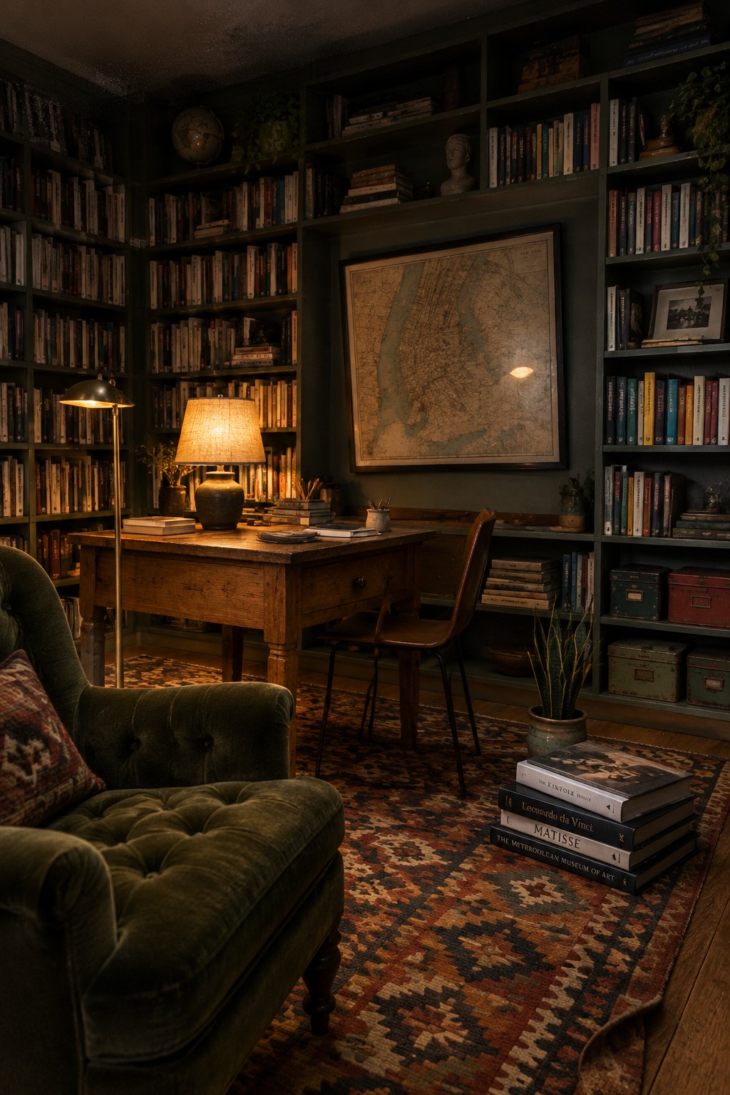 A dimly lit home office with dark built-in bookshelves filled with books, a large vintage map on the wall above a wooden desk, a green velvet armchair, and a patterned rug on the floor.