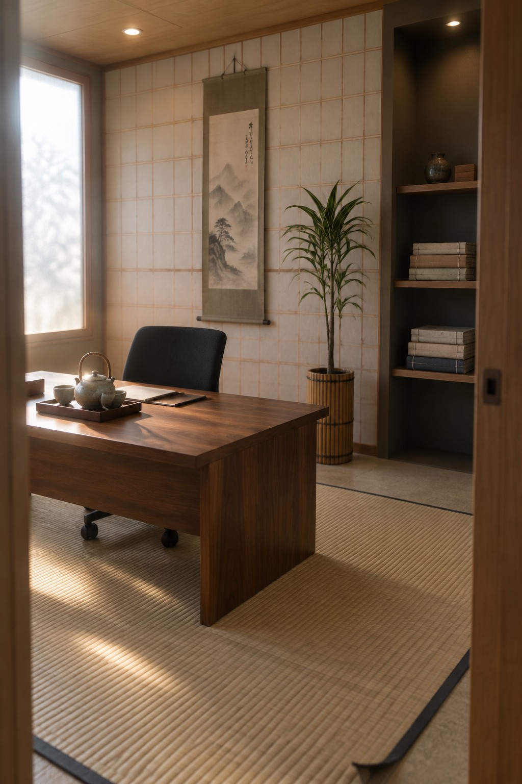 A minimalist home office featuring a wooden desk on tatami flooring, a black office chair, walls with a light grid-patterned wallpaper, a hanging scroll, and a tall potted plant in a bamboo container.