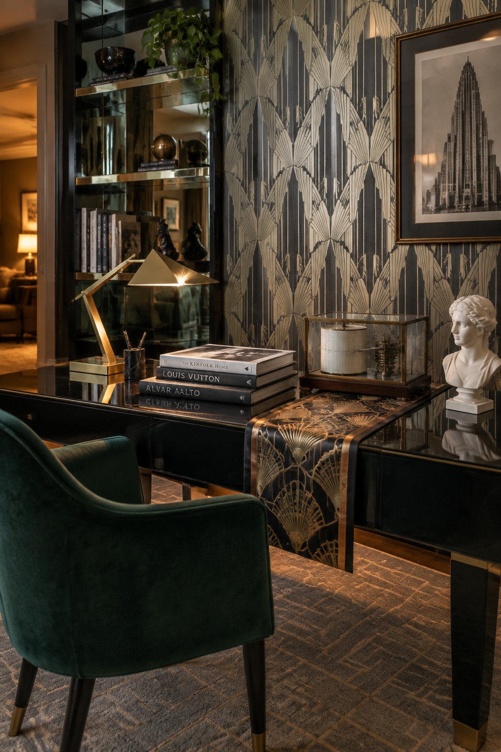 A modern home office featuring a glossy black desk against a wall covered in dark geometric fan-patterned wallpaper, with a green velvet chair in the foreground.