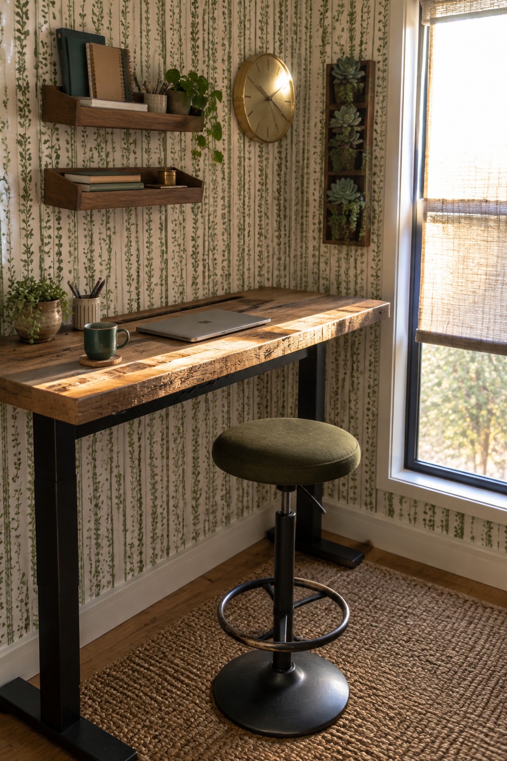 A home office with a wooden desk, laptop, green mug, and green upholstered stool against walls covered in a green leafy wallpaper pattern, with a large window on the right.