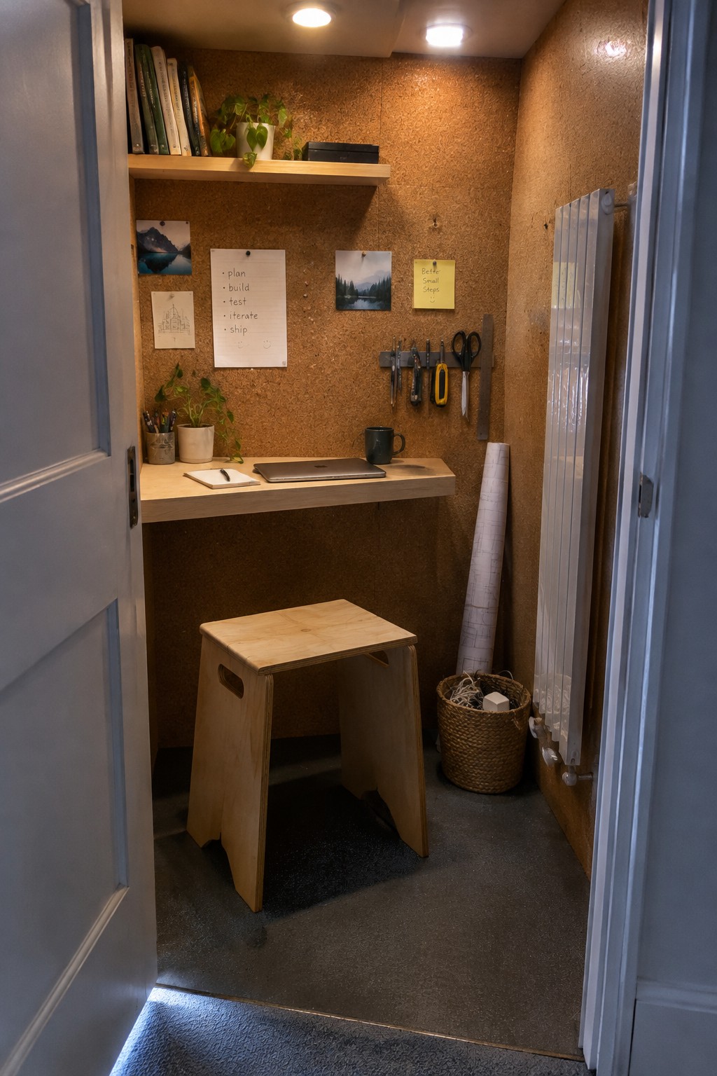 A small home office with cork-covered walls, a wooden floating desk, stool, and pinned notes and tools on the walls.