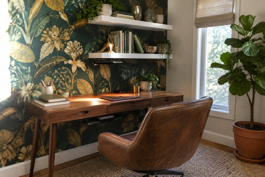 A home office featuring a wooden desk against dark green botanical wallpaper, white floating shelves above, a brown leather chair, and a window with a large potted plant.