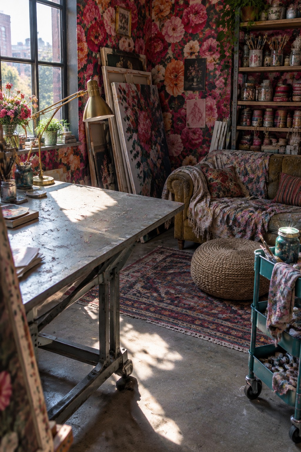 An interior view of a home office with bold floral wallpaper covering the walls, a large metal desk, and a sofa with art supplies nearby.
