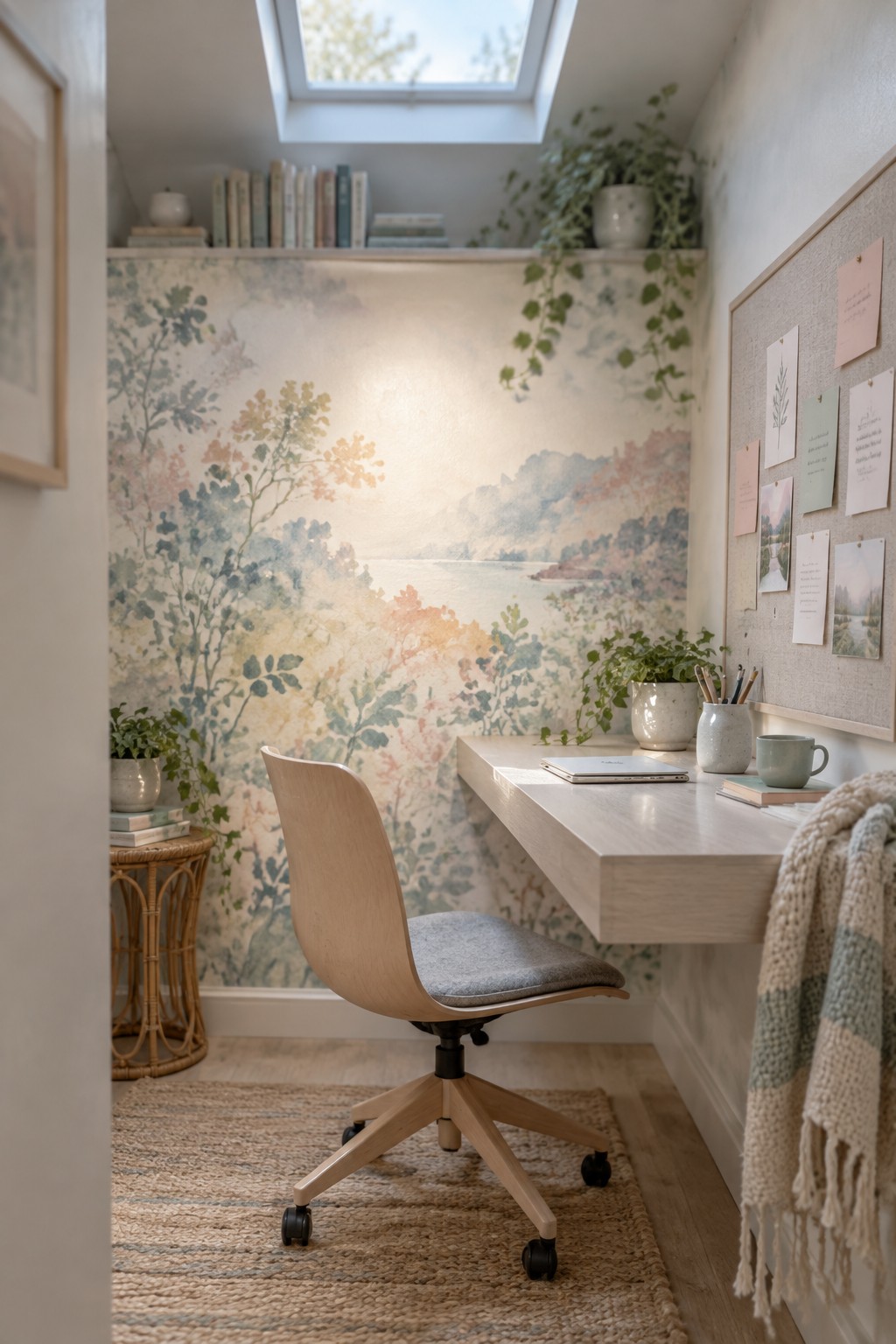 Cozy wooden desk and swivel chair in sunlit nook with pastel landscape wallpaper and plants.