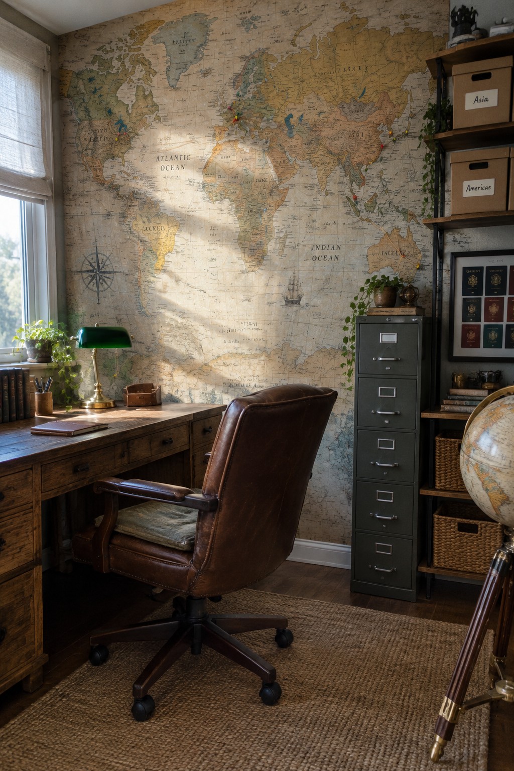 A home office with a large vintage world map wallpaper covering the main wall behind a wooden desk and brown leather office chair, next to a green filing cabinet and a globe on a stand.