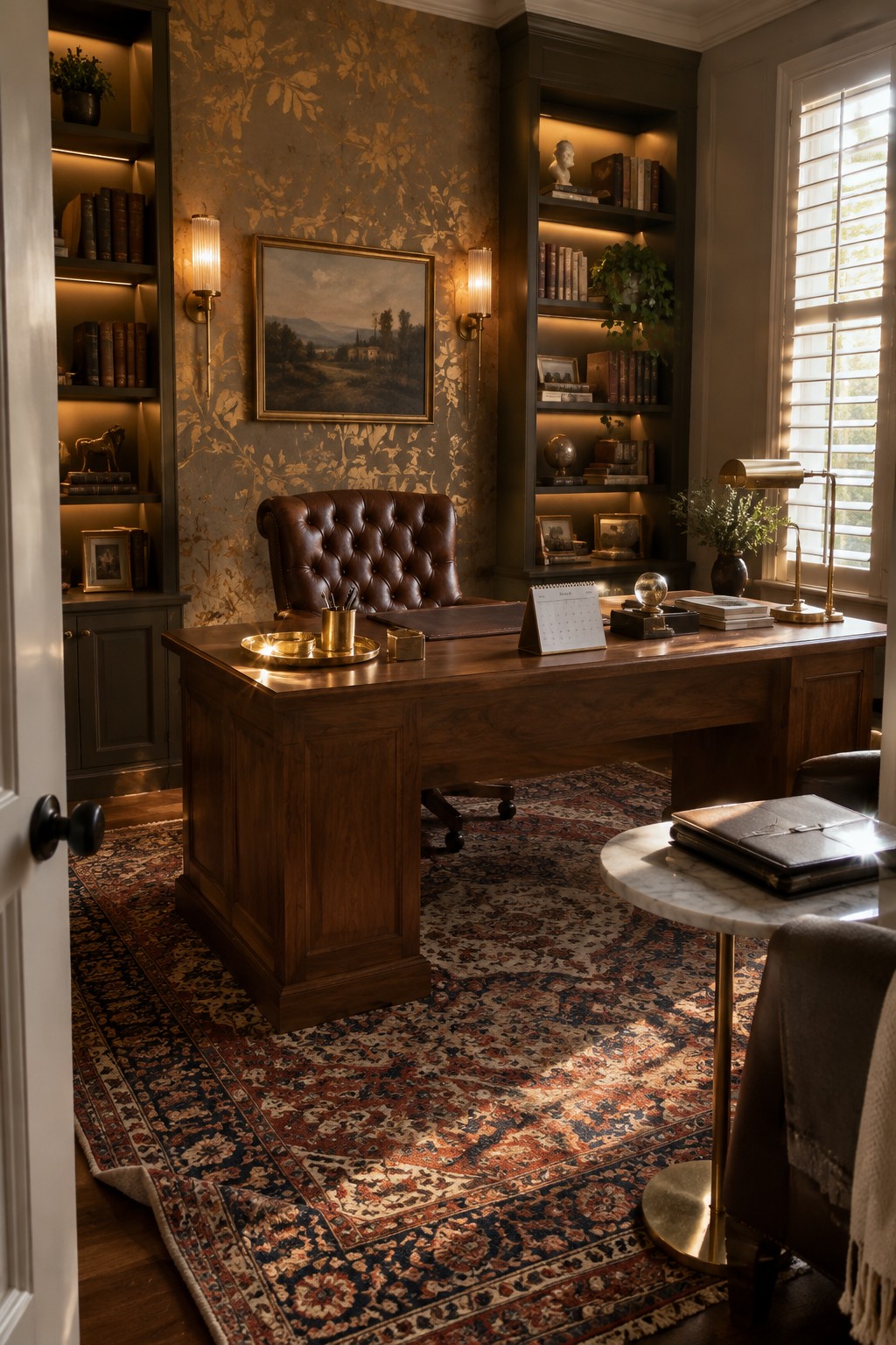 A home office with a large wooden desk, brown leather chair, built-in bookshelves, and leaf-patterned wallpaper on the wall behind a framed landscape painting.