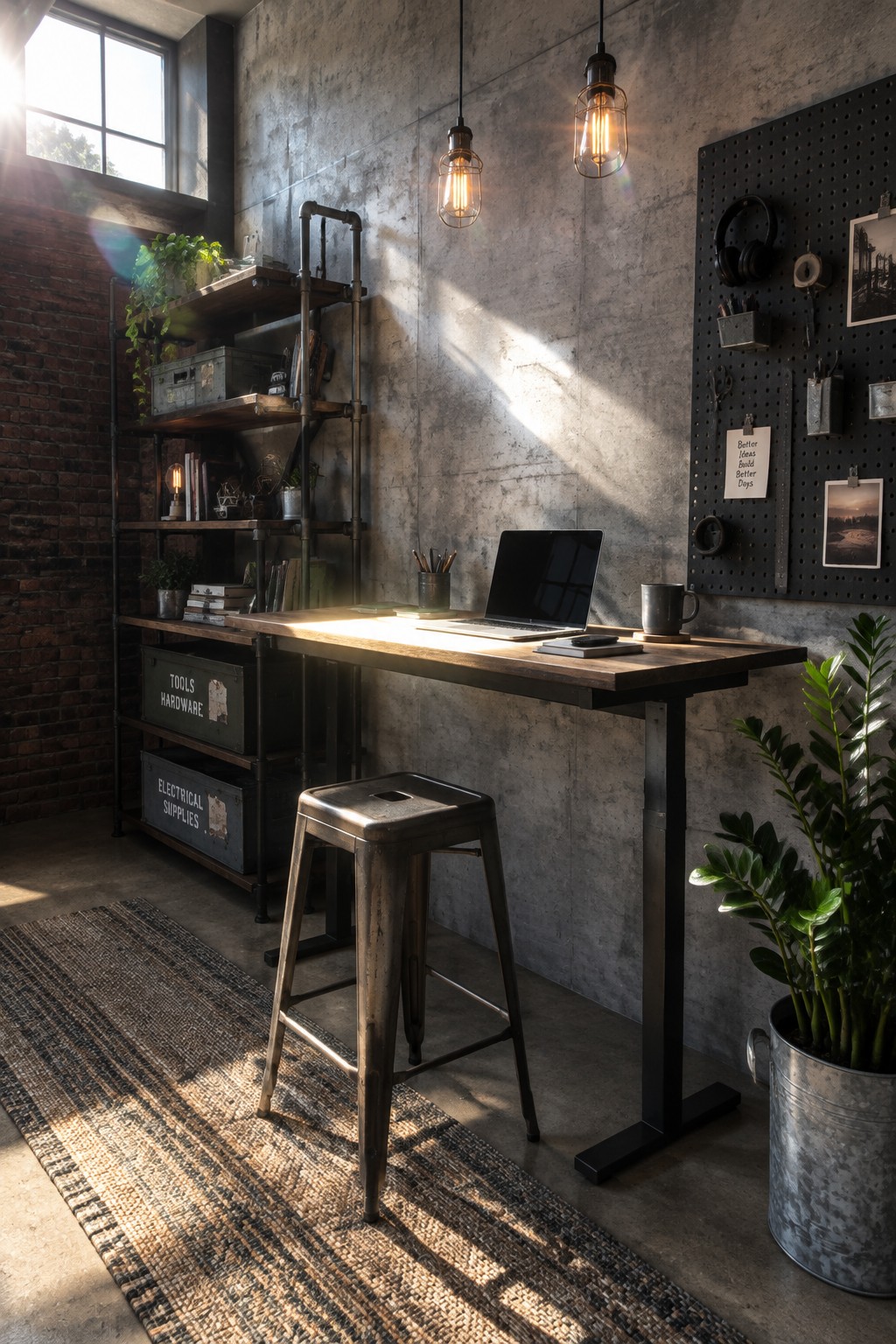 A home office featuring a wooden desk with laptop, metal stool, industrial pipe shelving, and a black pegboard mounted on a concrete wall holding headphones and small items.