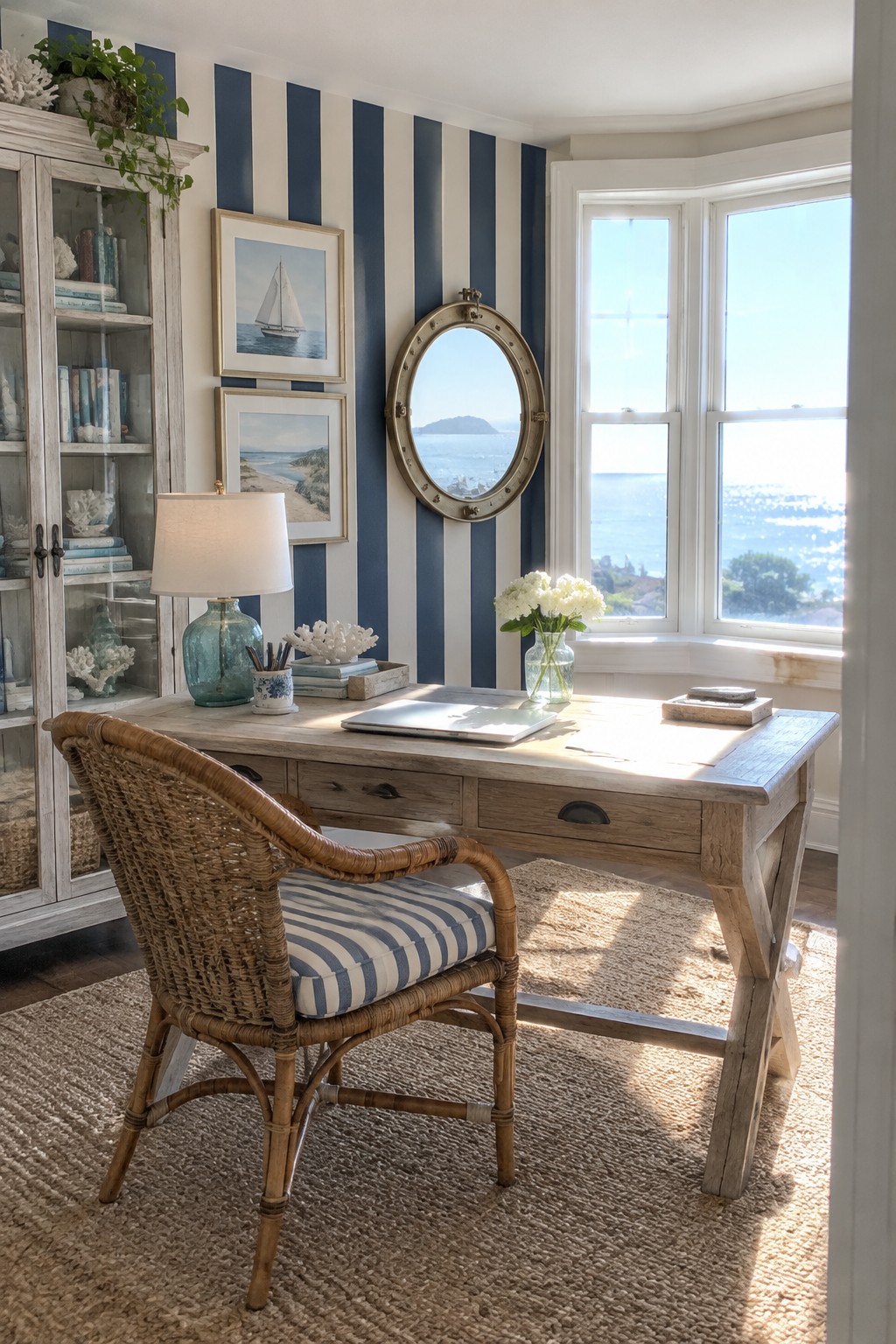 A home office features a wooden desk, woven chair with striped cushion, blue and white vertical striped wallpaper, round porthole mirror, and large window with ocean view.