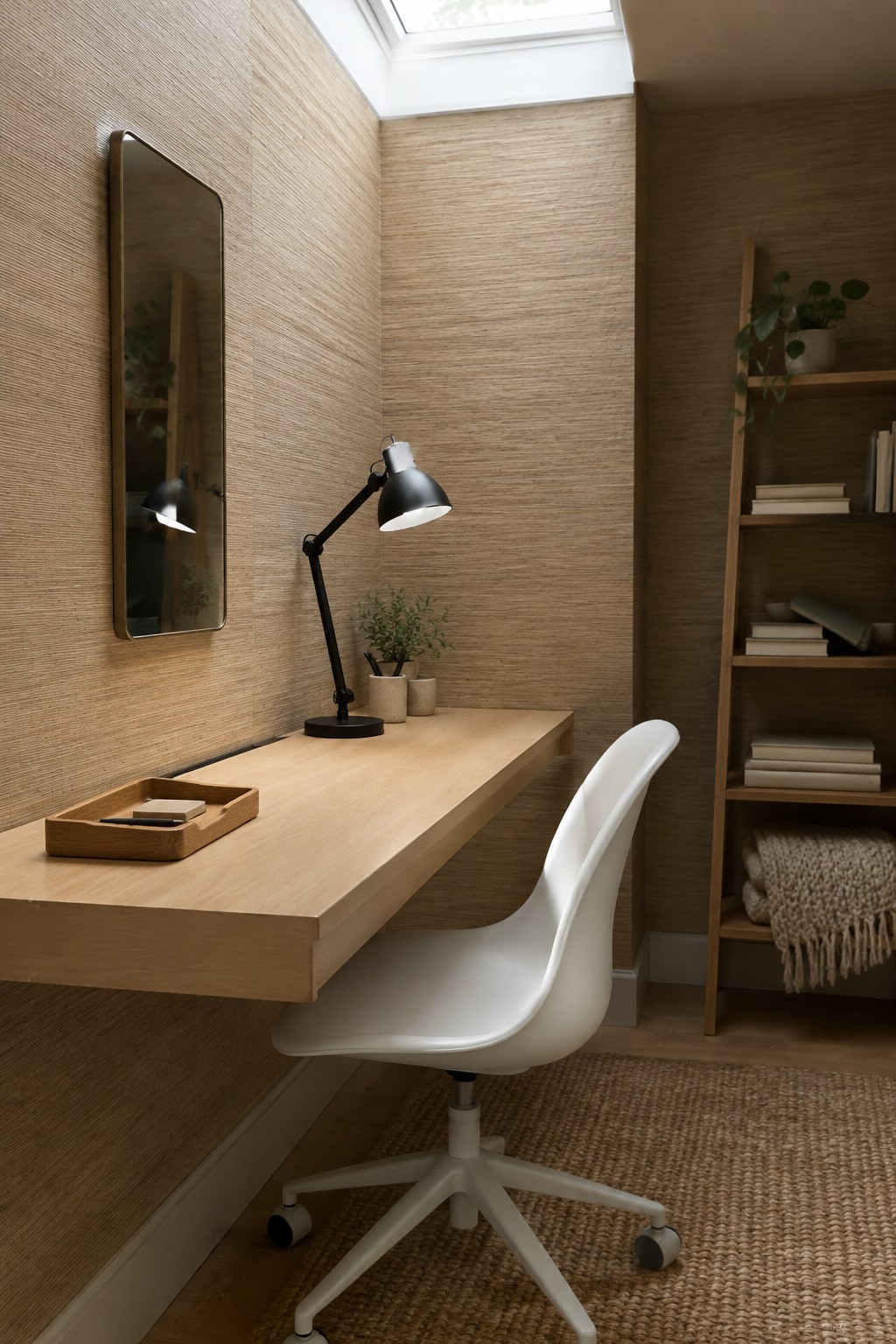A home office with a floating light wood desk, white swivel chair, black desk lamp, and textured wallpaper on the walls.