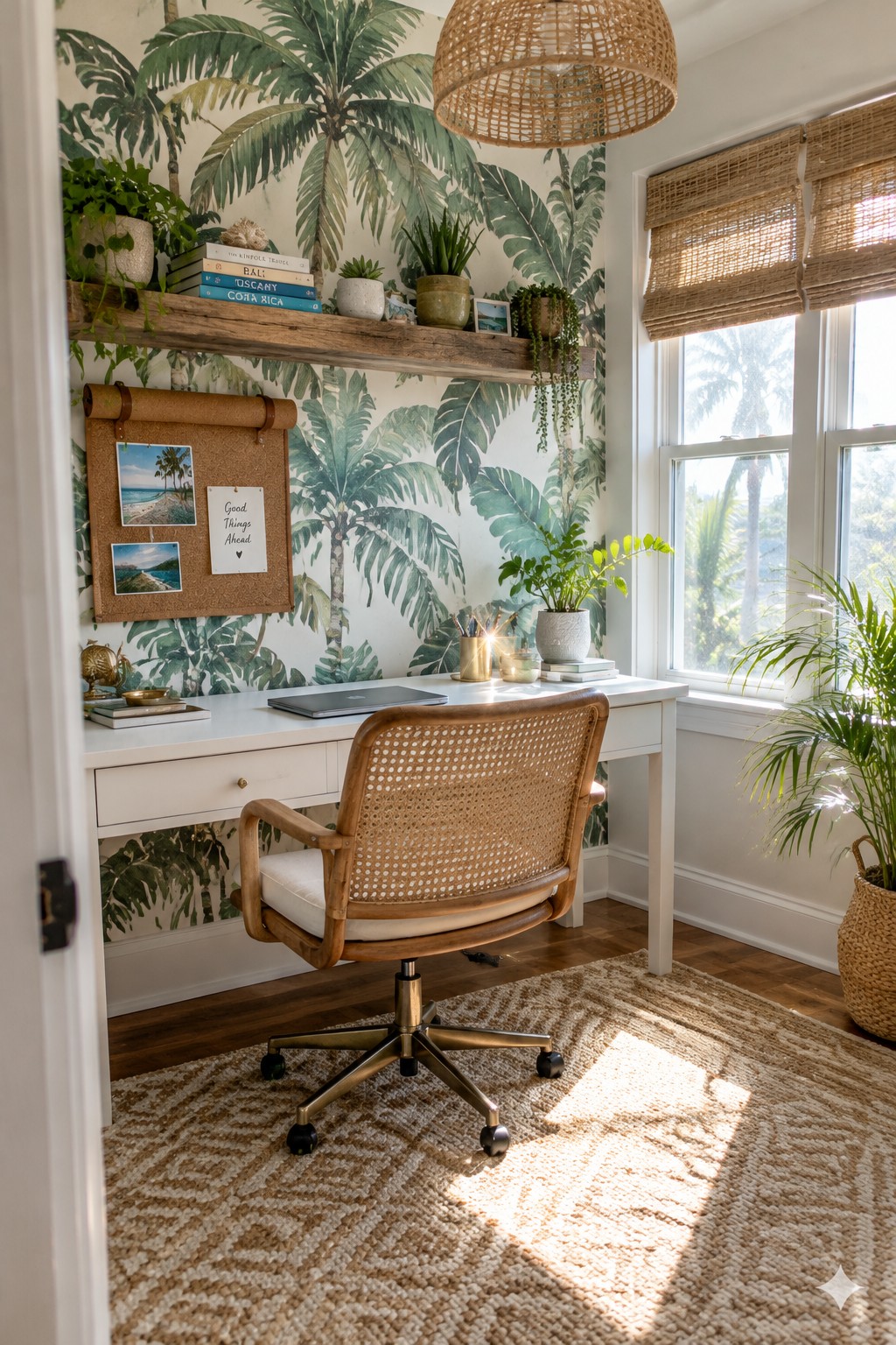 Tropical home office with palm wallpaper, white desk, rattan chair, and woven rug