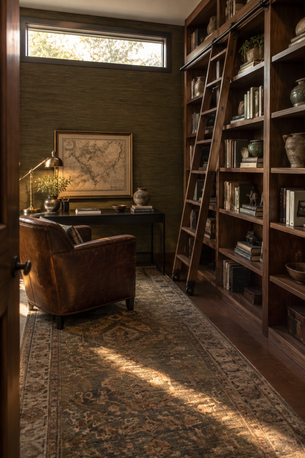 A home office interior with dark green textured wallpaper, a brown leather armchair, a black desk with a framed map above it, and tall wooden bookshelves with a rolling ladder.
