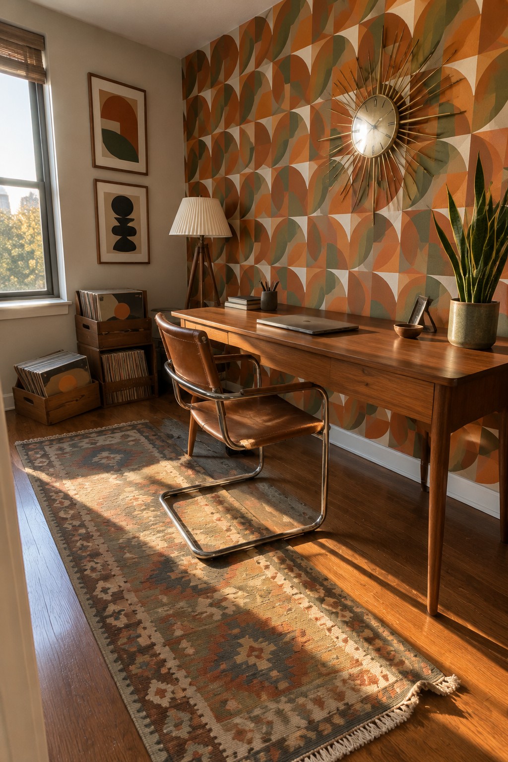 A home office featuring a wooden desk, brown leather cantilever chair, and a wall covered in orange and green geometric wallpaper with a sunburst clock.