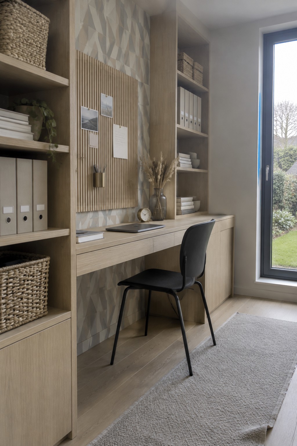Modern light wood home office desk with black chair, laptop, and built-in shelves.