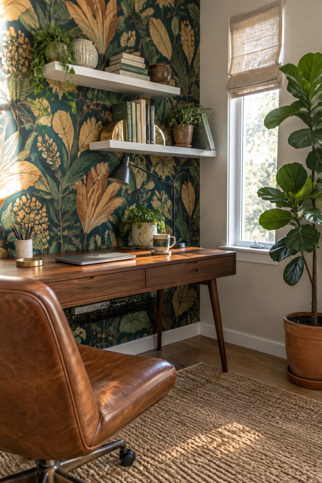 A home office featuring a wooden desk against dark green botanical wallpaper, white floating shelves above, a brown leather chair, and a window with a large potted plant.