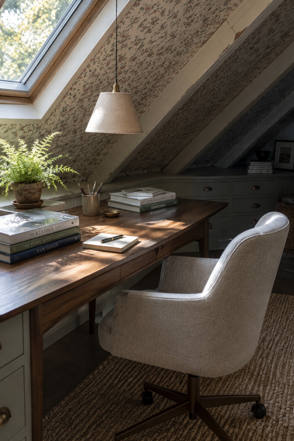 Sunlit wooden desk with books, notebook, chair, plant, and hanging lamp in floral attic