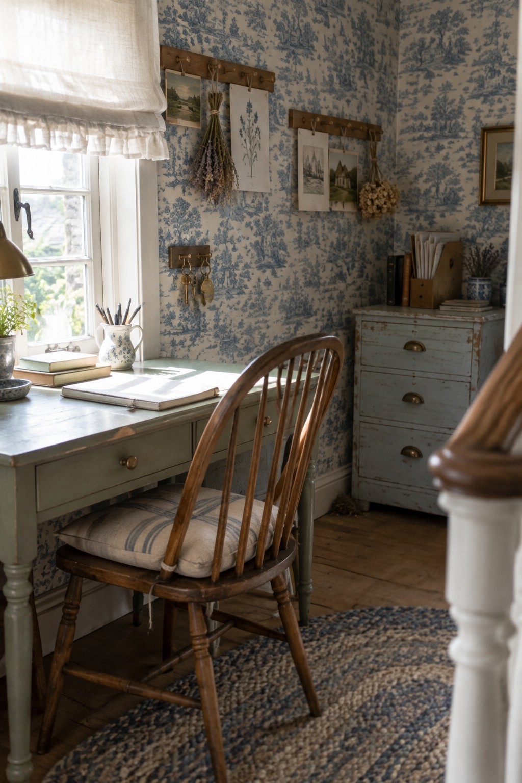 A home office interior with blue and white toile wallpaper, a wooden desk and chair, and a window on the left wall.