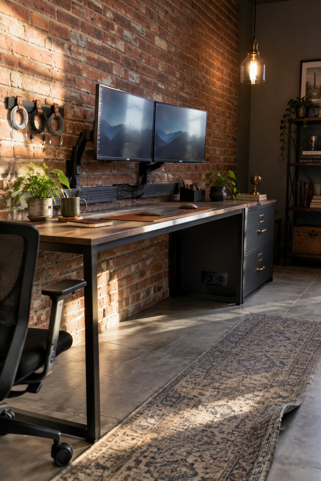A home office featuring a long wooden desk against a brick wall with dual monitors on wall-mounted arms, a black filing cabinet with a visible power outlet on the side, and a black office chair in the foreground.