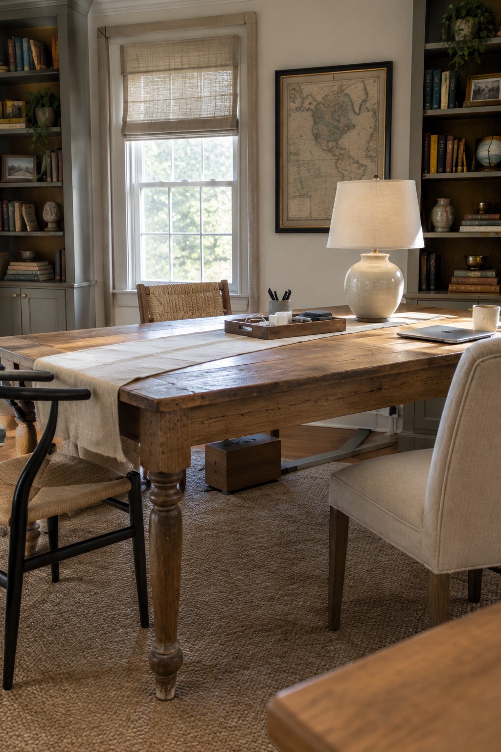 Rustic wooden desk with lamp and laptop in book-lined study with map and chairs