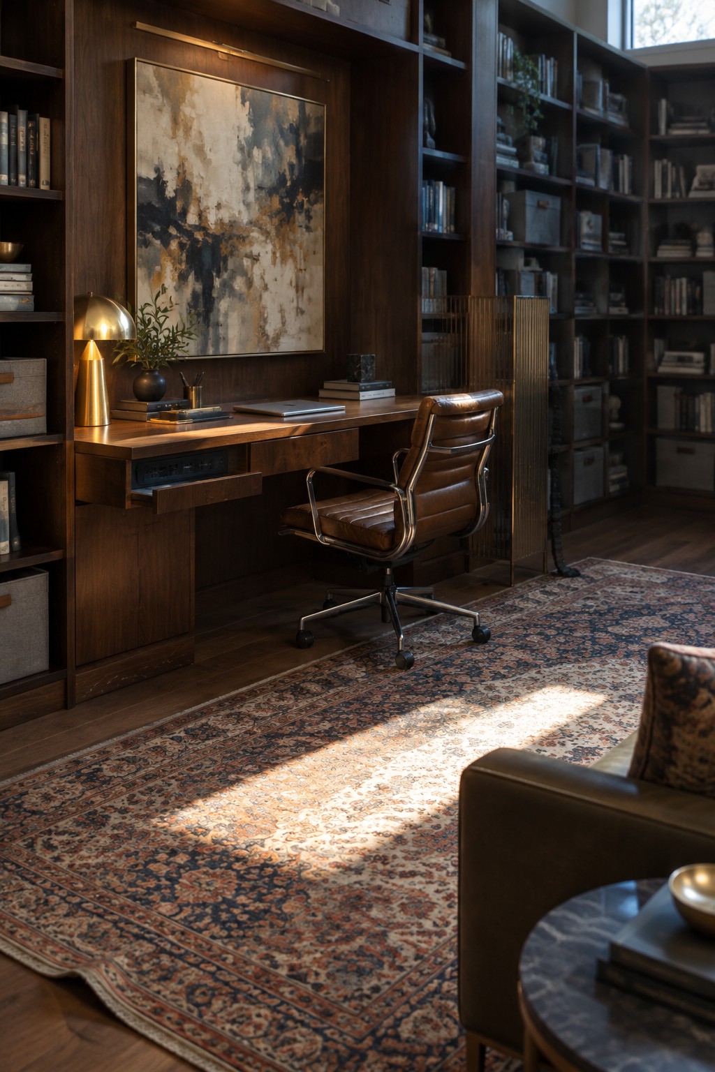 A wooden built-in desk in a home office with an open drawer showing cables, a brown leather office chair, abstract wall art, and floor-to-ceiling bookshelves.