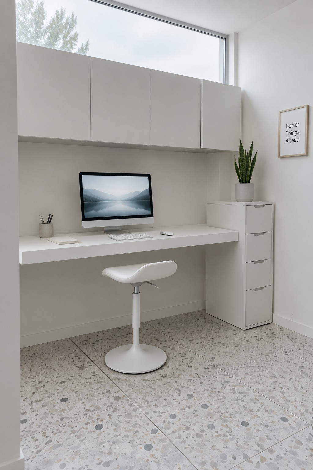 A minimalist white home office featuring a floating desk with a computer monitor, keyboard, mouse, white adjustable stool, overhead cabinets, and a tall filing cabinet with a potted plant.