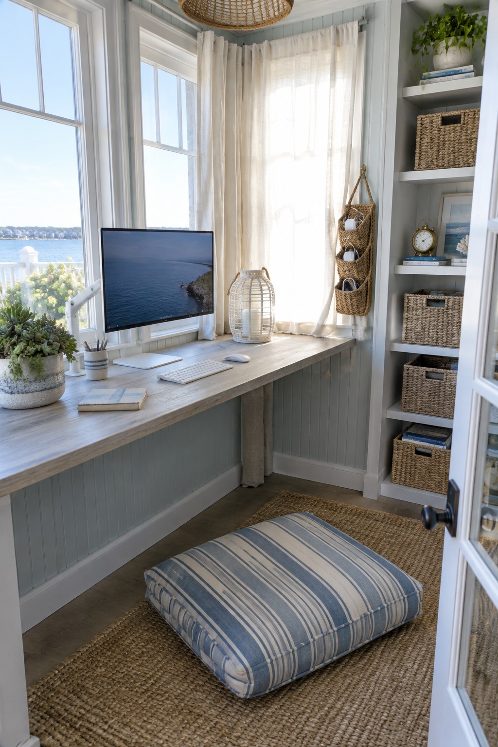 A home office features a long built-in light wood desk beneath large windows overlooking water, with a computer monitor on an arm, wireless keyboard and mouse, a potted plant, and a blue striped floor cushion on a jute rug, plus white built-in shelves with woven baskets on the right side.