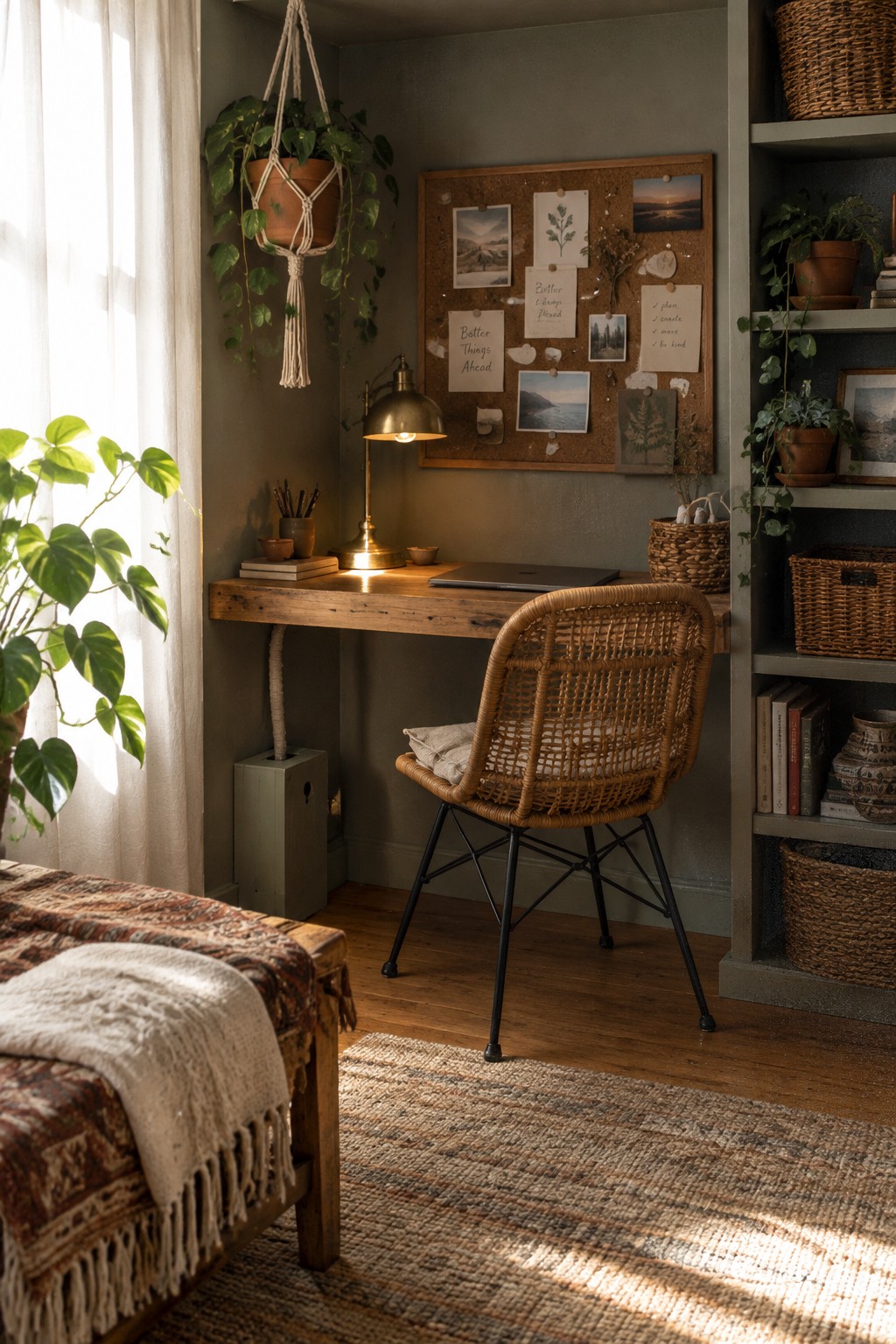 A compact home office corner featuring a wooden desk, wicker chair with black metal legs, corkboard with pinned notes and photos, hanging plant, and several potted plants on shelves.