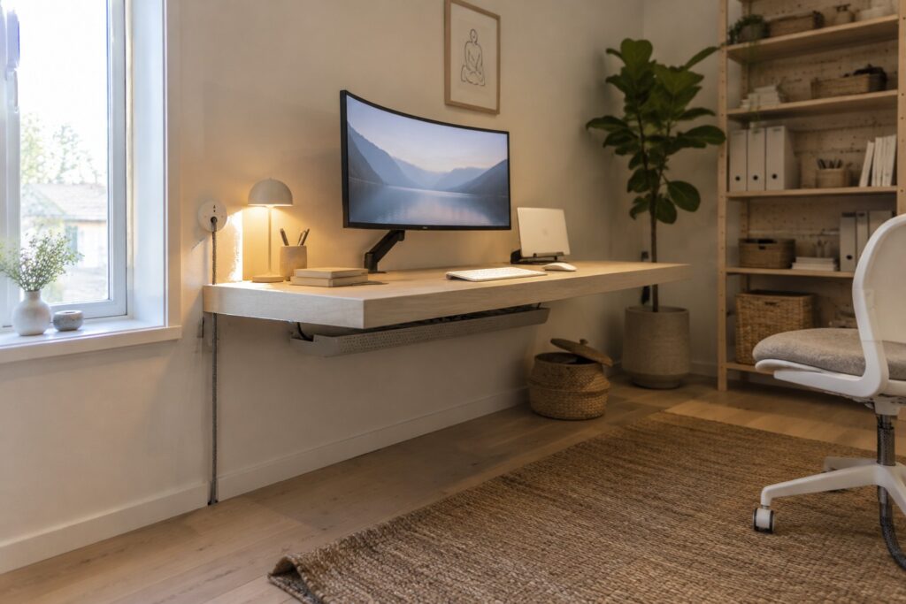 A light wood floating desk mounted on a white wall with a monitor on an arm, laptop, keyboard, and cable management box visible underneath.