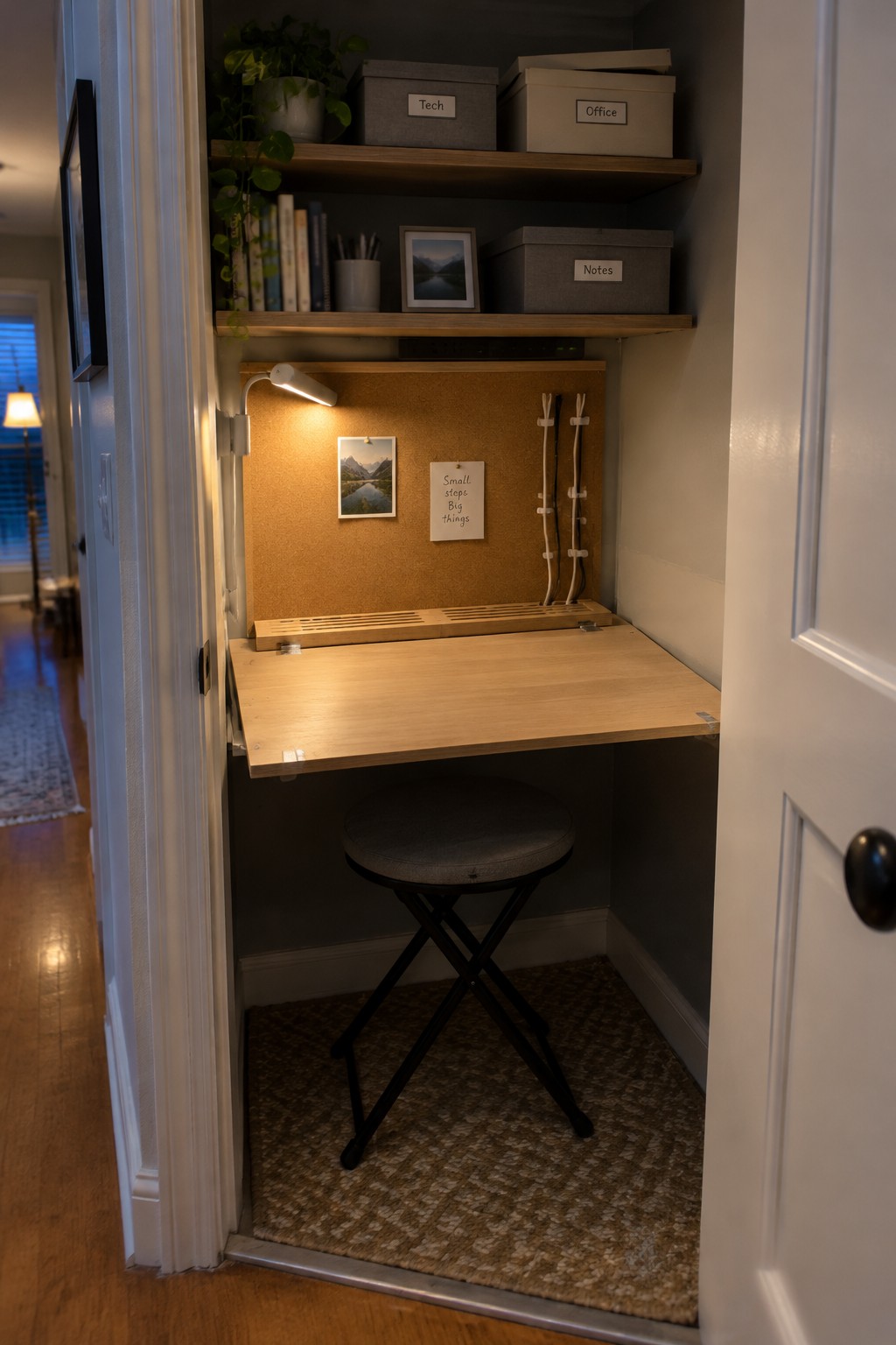 A closet interior with a light wood fold-down desk, gray stool below, upper shelves holding storage boxes and books, and a corkboard with cables held by white clips.