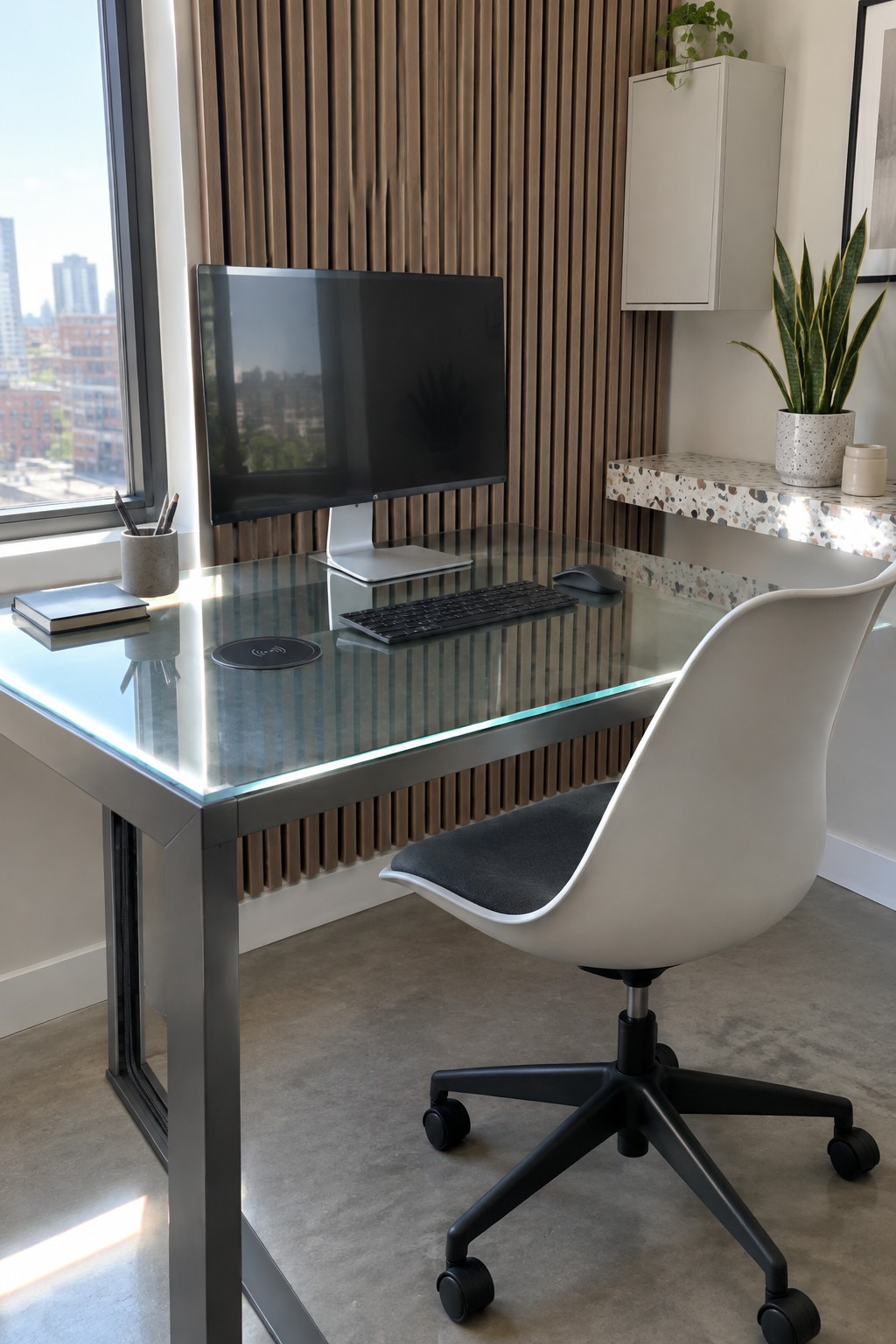A modern home office with a glass desk featuring a wireless charging pad, a monitor on a stand, keyboard, mouse, and white office chair positioned in front of a large window.