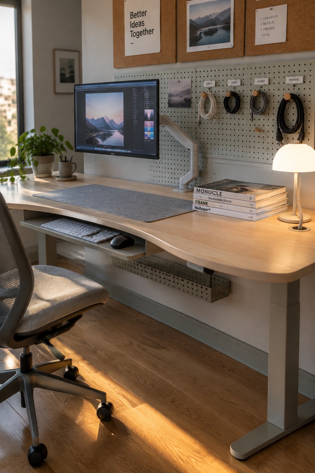 A home office desk setup featuring a computer monitor on an adjustable arm, a light wood desk with keyboard and mouse on a pull-out tray, a gray pegboard wall with labeled cable hooks, and an ergonomic office chair.