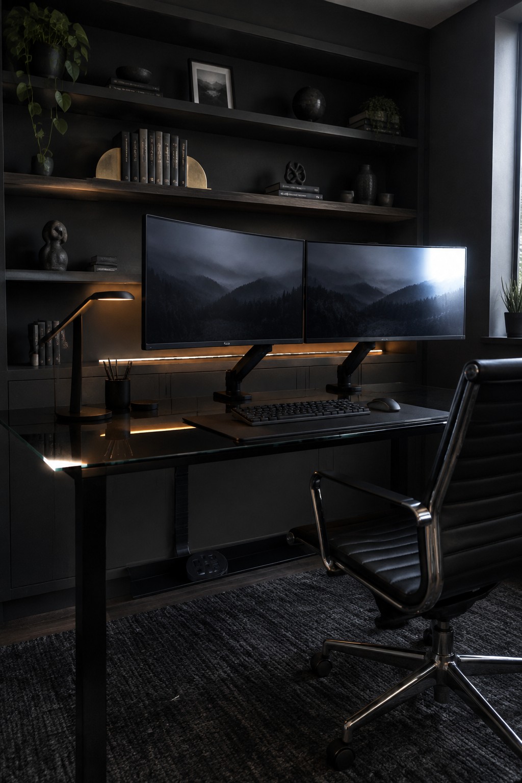 Dark modern desk with dual curved monitors, black chair, and backlit shelves